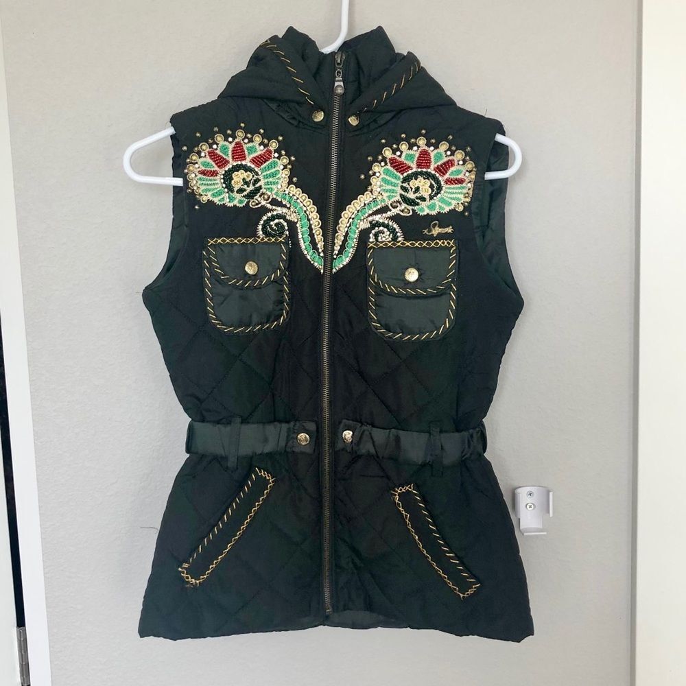Quilted Embroidered Black Vest with a Hood